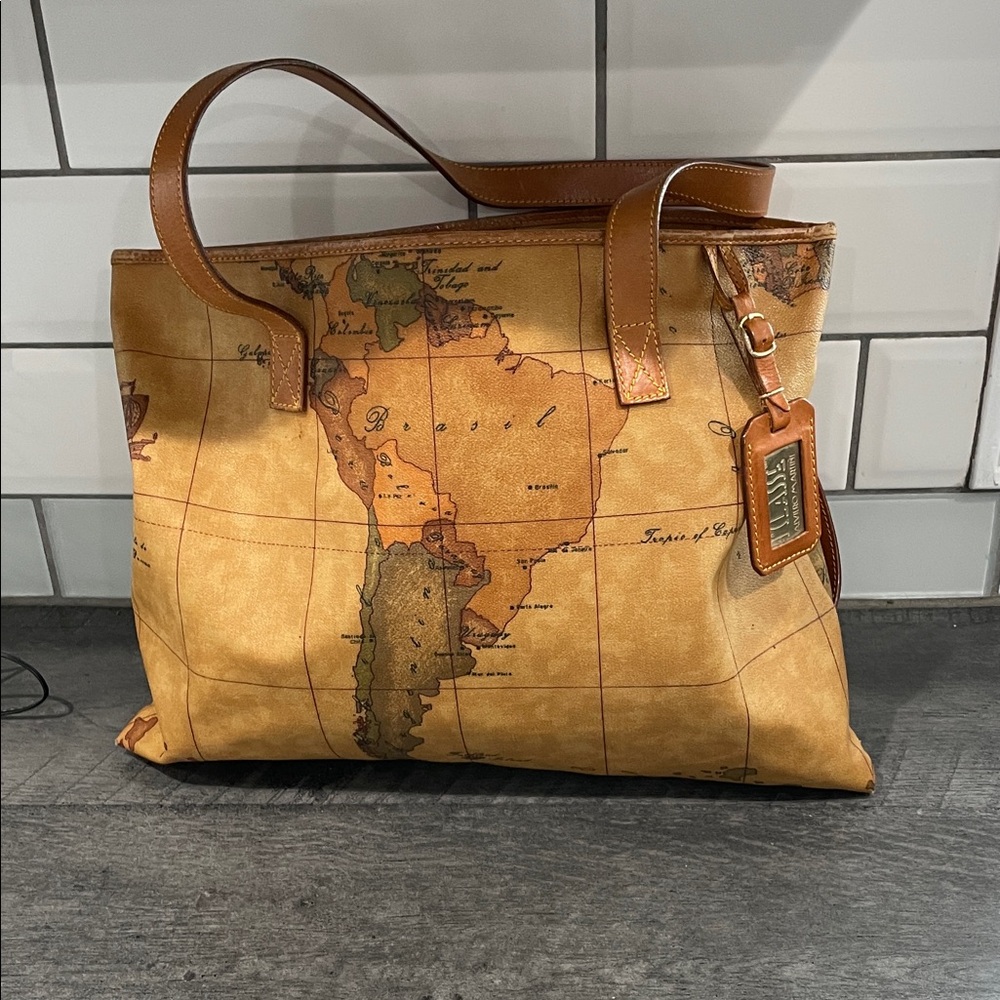 Alviero martini Map Print Tan Leather Tote Bag
